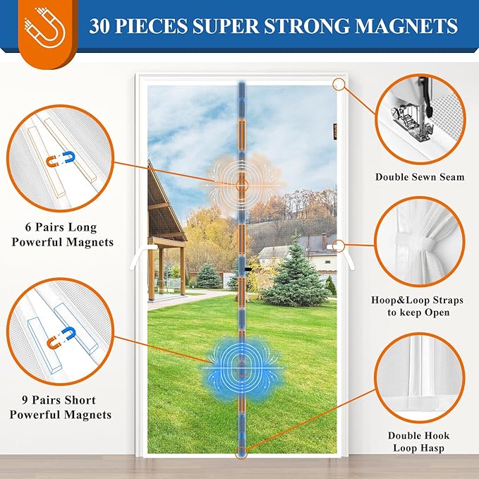 Magnetic Screen Door White, Fits 30'' x 80'' Door, Tear-Resistant High-Density Fiber Mesh, Keep Annoying Creatures Out, Pet Friendly, Easy Install with Strong-Adhesive Hook&Loop, Enjoy Beauty Sunshine
