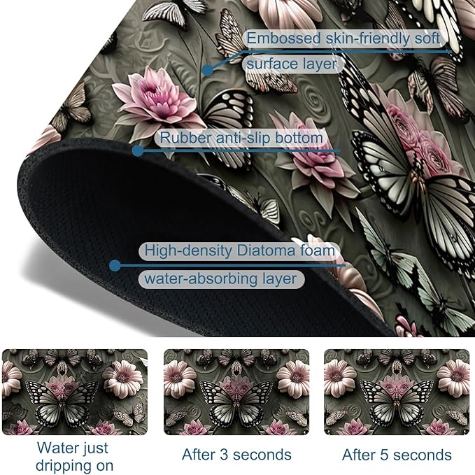 Cute Butterfly Sink Splash Guard Pink Flower Faucet Absorbing Mat Fast Drying Mat Sink Gadgets Splash Guard Behind Faucet Drip Catcher for Kitchen Bathroom, 15.5"x5.5"