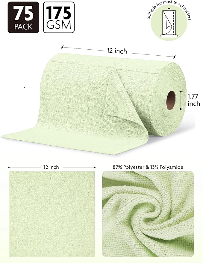 Fantasticlean Microfiber Cleaning Cloth Roll -75 Pack, Tear Away Microfiber Towels, 12" x 12", Reusable, Washable, Scratch Free, Ultra Absorbent Dishcloth for All-Around Cleaning Supplies (Green)