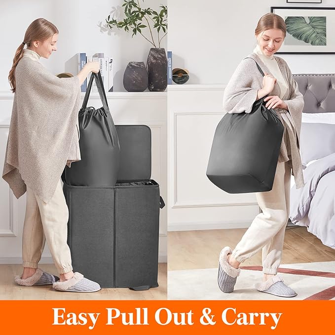 Lifewit Double Laundry Hamper with Lid and Removable Laundry Bags, Large Collapsible 2 Dividers Dirty Clothes Basket with Handles for Bedroom Laundry Room Closet Bathroom College, 155L Black