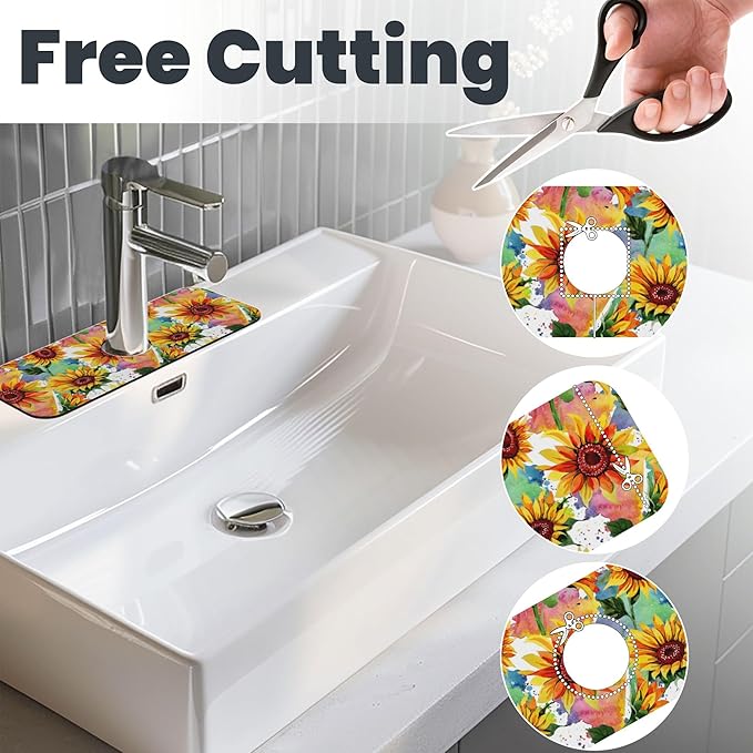 3Pcs Watercolor Sunflower Dish Drying Mat & Kitchen Sink Splash Guard Faucet Mat For Kitchen Counter Absorbent Microfiber Dishes Pad Dish Drainer Rack Mats Fast Dry Kitchen Accessories