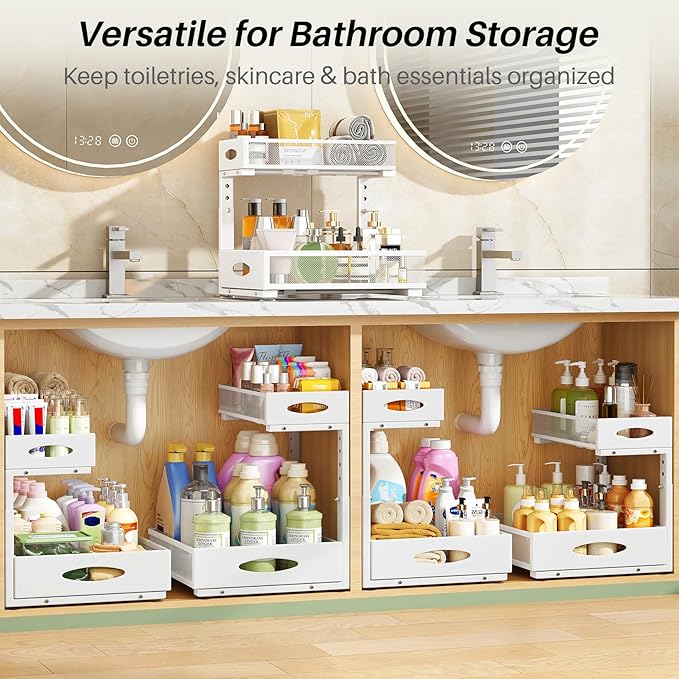 Under Sink Organizer, 2-Pack Pull Out Cabinet Organizer 2 Tier Metal Slide Out Storage Shelf Rack, L-Shaped Adjustable Height,Mesh Sliding Drawer for Kitchen, Bathroom, Laundry, Pantry, White, XL