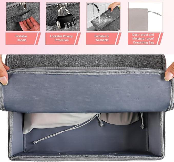 Discreet Lockable Storage Box with 3-Digit Code Lock - Reinforced Private Organizer for Personal Collections & Sensitive Valuables - Large 15x10x6 Case with 6 Silk Storage Bags (Dark Gray)