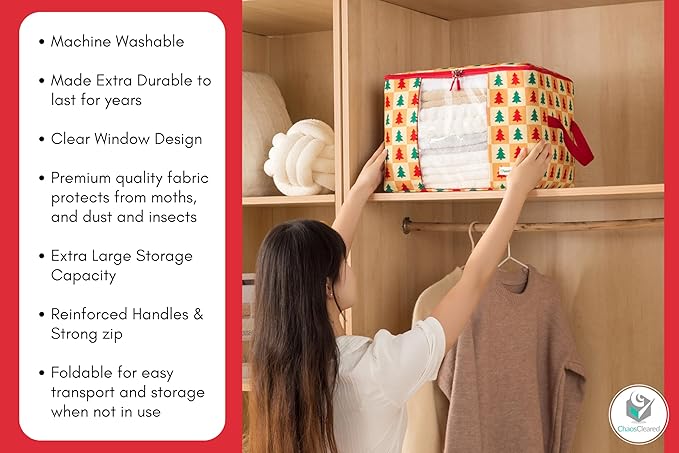 Canvas Storage Bags 2 Pack Designer Clothes Organizer bags for sweaters, clothing, garments, quilt, linens, large folding organizers with zip & window, moth proof space saver - Christmas tree print