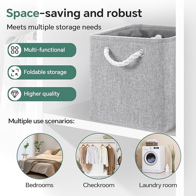 13x13 Inch Cube Storage Bins with Reinforced Bottom Cardboard, 6 Pack Large Foldable Fabric Storage Cubes with Handles for Shelf, Closet, Laundry Organization (Grey)