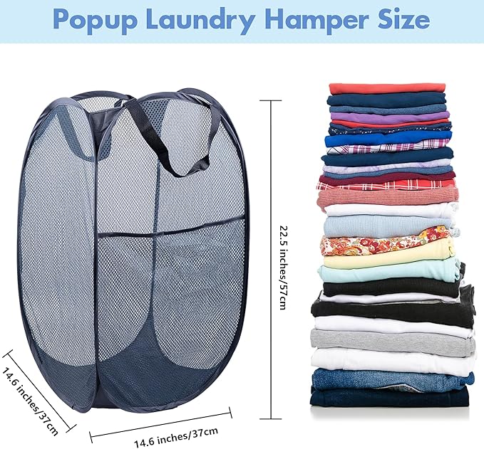 DUCOO Pop Up Hamper, 2 PCS Mesh Pop Up Laundry Hamper, Foldable Mesh Laundry Basket with Space Saving Design for Home, Dorm, Travel and Storage, Blue