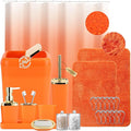 Bathroom Set - Orange Bathroom Sets with Shower Curtain and Rugs, 24PCS Shower Curtain Set with Hooks, Soap Dispenser, Soap Dish, Toilet Brush Holder and Trash Can for Housewarming