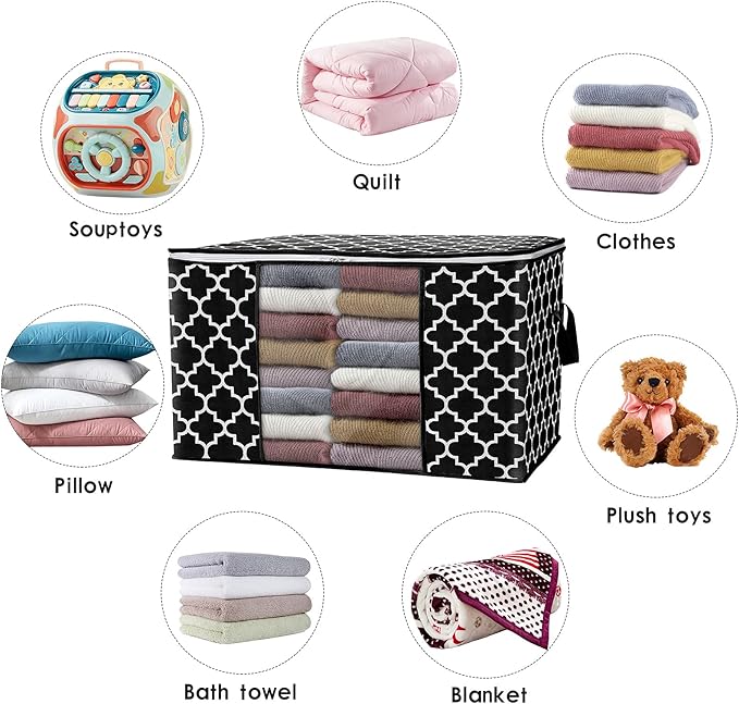 WISELIFE Storage Bags 100L 3-Pack Large Blanket Clothes Organization and Storage Containers for Bedding, Comforters, Foldable Organizer with Reinforced Handle, Clear Window, Sturdy Zippers, Black