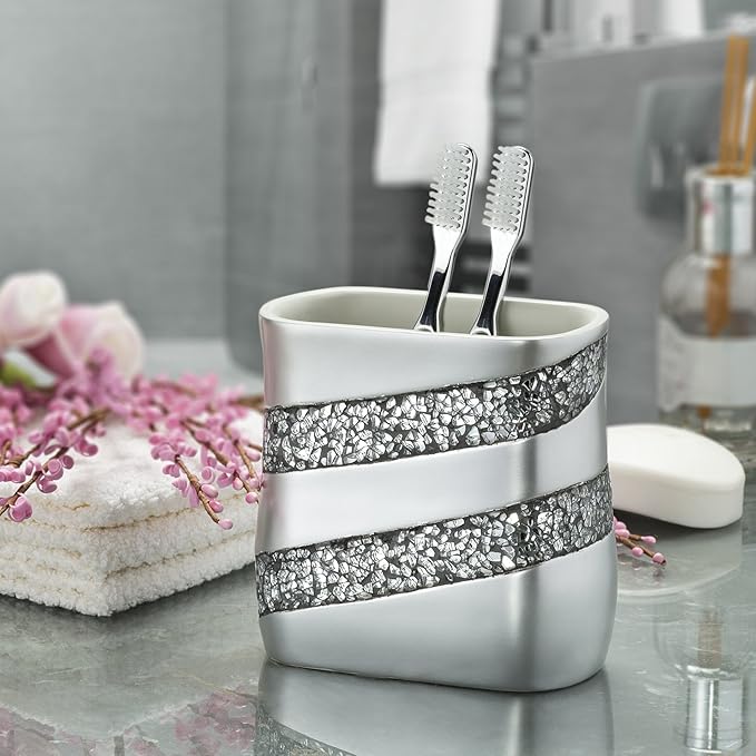 Creative Scents Silver Mosaic Toothbrush And Toothpaste Holder For Bathroom - Decorative Bathroom Toothbrush Holder, Family Toothbrush Cup With One Large Opening To Hold Multiple Toothbrushes At Once
