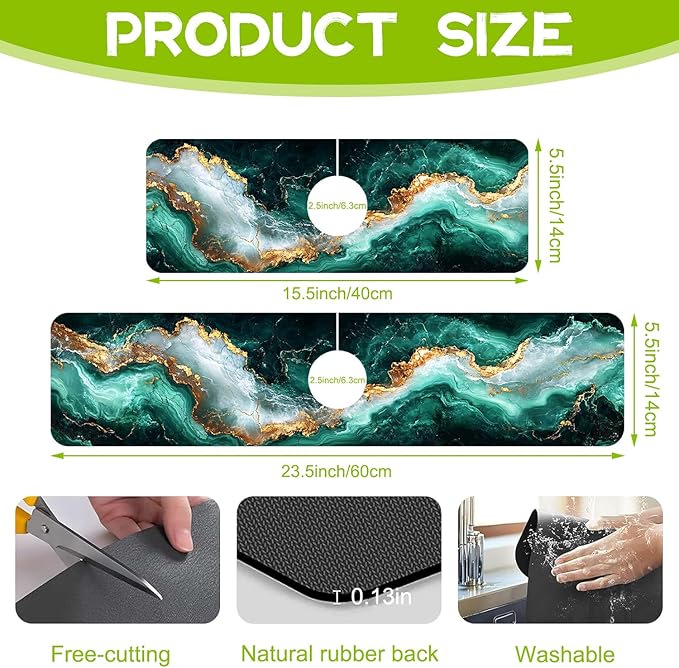 Kitchen Sink Splash Guard Faucet Mat Super Absorbent Fast Drying Mat Guard Behind Faucet Drip Catcher for Kitchen Bathroom (Emerald and Gold Marble Texture, 23.5"X5.5")