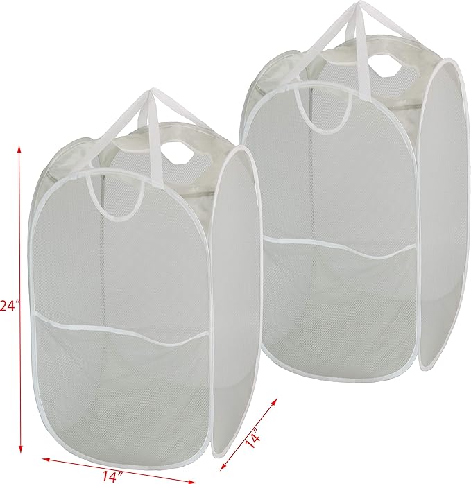 Simple Houseware Mesh Pop-Up Laundry Hamper Basket With Side Pocket, Gray - 2 Pack