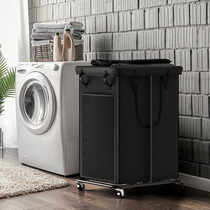 Laundry Basket 155L, Oxford Fabric Laundry Hampers, Metal Frame and Removable Bag Design with Wheels, Suitable for Bedroom, Bathroom, Dorm Room, Laundry Room (Pure Black)