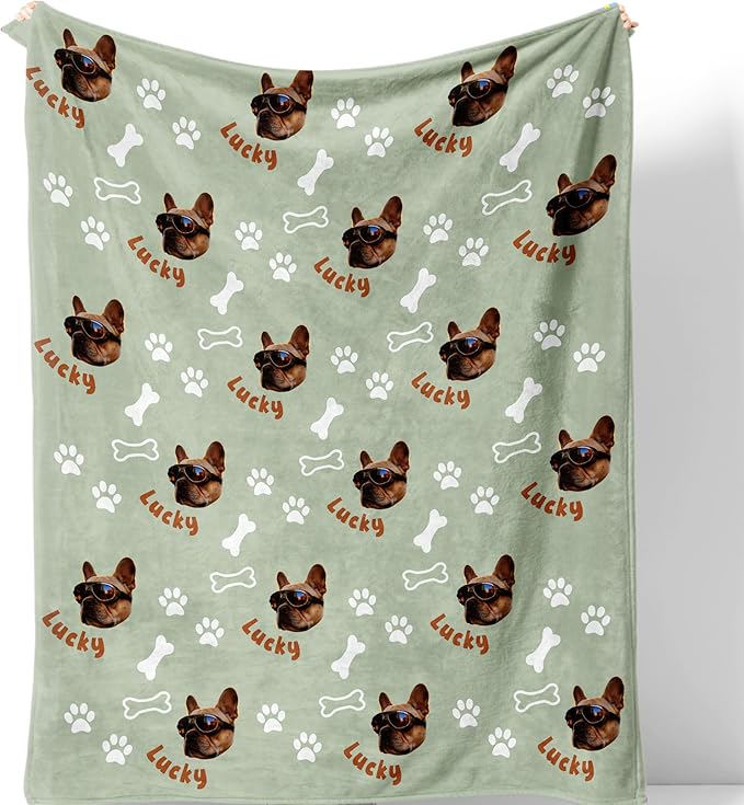 Custom Blanket with Funny Dog Face & Name Personalized Soft Warm Fleece Throw Blankets with Paw Bones Customized Throws for Couch Bed Sofa Unique Gifts for Dog Dad Mom Pet Lovers
