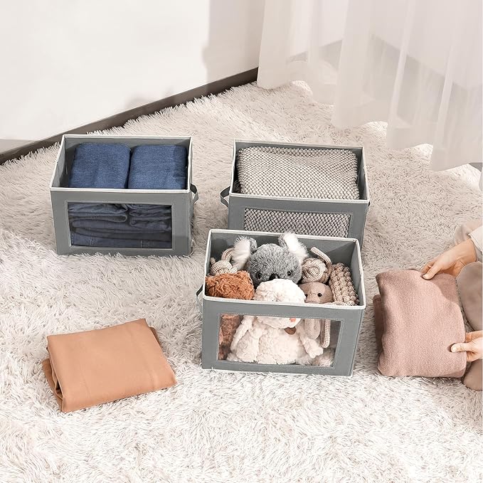 Clothes Organizers and Storage - 6 Pack Large Storage Box with Lids, Foldable Closet Organizer with Lids, Decorative Basket Bins for Home, Dorm, Closet, Grey
