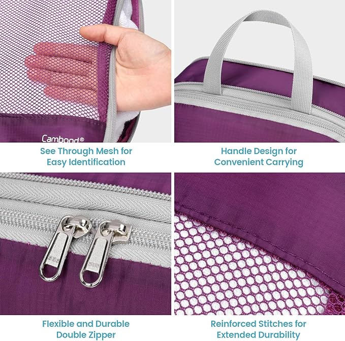 Cambond See Through Mesh Compression Packing Cubes - 5 Piece Expandable Space Saving Packing Cubes for Travel with Underwear Bag, Lightweight Luggage Packing Organizers for Suitcases, Purple