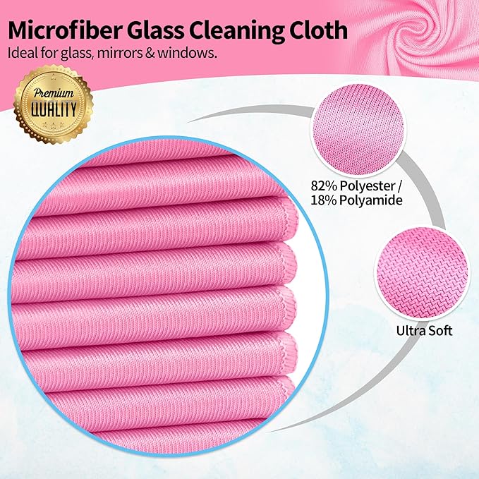 HOMERHYME Microfiber Cleaning Cloth, 12 Pack Window Glasses Cleaning Cloth, Reusable Lint-Free Streak Free Polishing Cloth Wipes for Stainless Steel, Eyeglasses, Mirrors, Screens & Lenses,12"*12" Pink