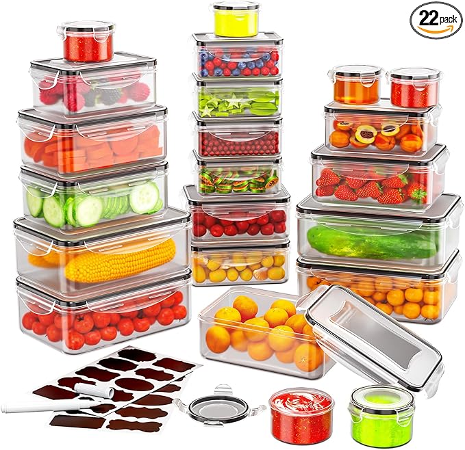 44 PCS Food Storage Container with Lid (22 Lids & 22 Containers) - Leakproof Meal-Prep Containers for Kitchen Storage Reusable Plastic Microwave/Dishwasher Safe with Labels & Pen