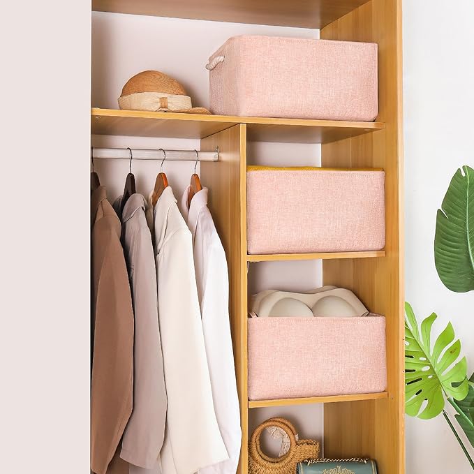 Storage Bins with Sturdy Cotton Handles(1 Pack), Fabric Storage Baskets for Organizing use for Office & Home, Book, Clothes, Toys, Closet Boxes (Small, Pink, 12.2x8.3x6.3 inches)