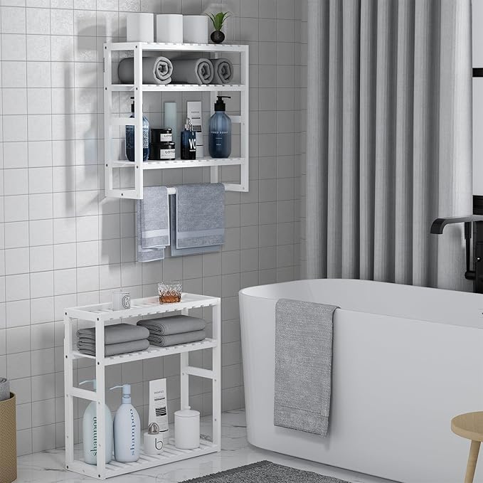 Towel Rack Bathroom Storage Shelves Over The Toilet with Towel Bar 100% Bamboo Adjustable Height Floating Shelf Wall Shower Shelf for Small Space Updated Painting