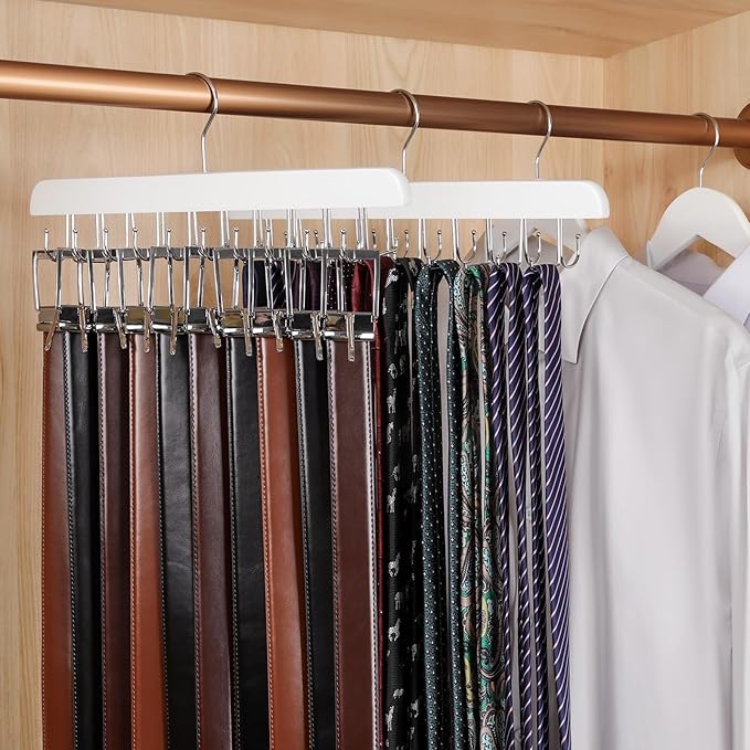 TOPIA HANGER 20 Hooks 2 in 1 Belt Tie Hanger for Closet Max 30 Belts with 30 Ties Capacity, Belt Tie Racks Wooden Hanger for Closet Organizer Storage “U” Fit for Belt and “一” Fit for Tie - CT47W