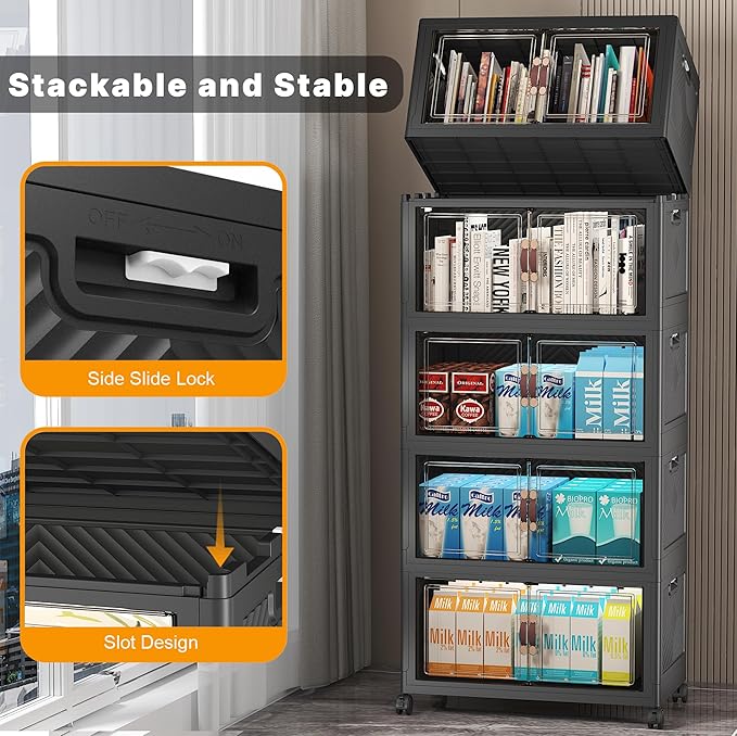 Extra Large Stackable Storage Bins with Lids & Wheels & Door, 260QT-52QT/13GAL*5Pack Foldable Collapsible Closet Organizers, Plastic containers drawers for bedroom Dorm