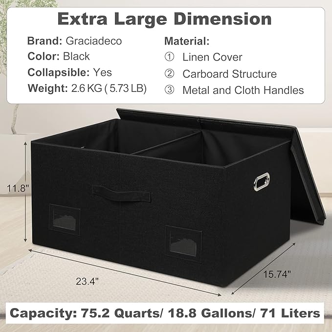 Graciadeco 75 Quarts Extra Large Decorative Storage Bins with Lids, 3 Packs Black Collapsible Storage Bins with Lids, Stackable Storage Bins Decorative Box Storage With Lid Extra Large