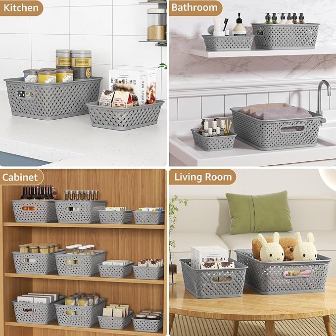 MaxGear Organization and Storage 3 Packs, Plastic Bins Organizer Bins, Woven Baskets for Storage, Plastic Baskets with Handles, Grey Basket for Organizing, Basket Organizer for Home and Office, Medium
