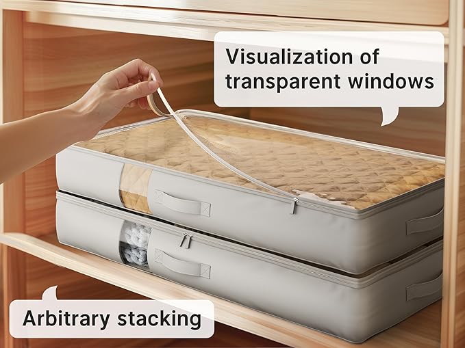 Under Bed Storage Containers with Window, Closet Organizers and Storage Bags, Foldable Underbed Storage Bags for Blankets, Clothing, Comforter, Linen Sheets, Wrapping Paper, 4 Pack, Grey