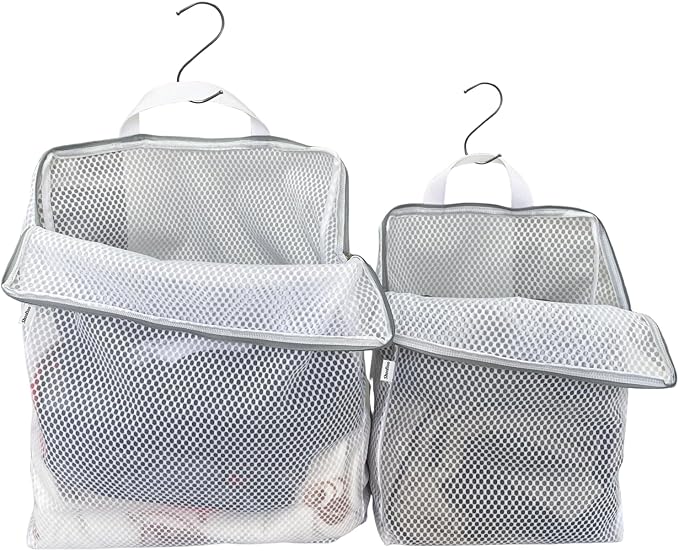2-Pack Hanging Laundry Bag for Washing Machine, Large & XL Mesh Laundry Bags for Delicates with S Hooks, Durable Zippered Wash Bags for Clothes, Socks, Lingerie