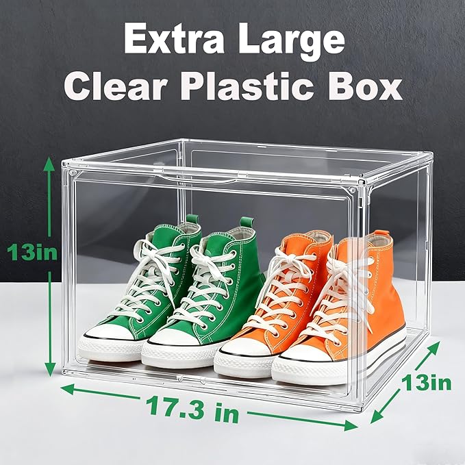 Extra XXX-Large Acrylic Display Case 17.3''x13''x13'' Super Large Figures Collectibles Helmet Showcase Tall Boot Shoe Boxes Clear Stackable Huge Storage Box with Magnetic Lid, 1 Pack with 2 Shoe Bags