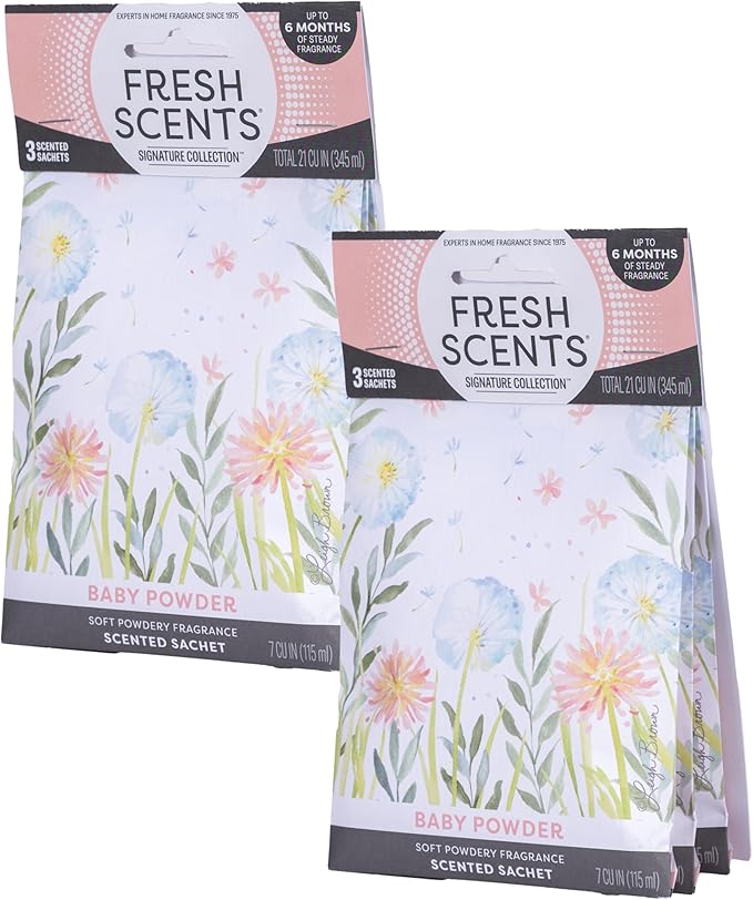 Fresh Scents Scented Sachets | Baby Powder | Home Fragrance | Long Lasting (Up to 6 Months) | Air Freshener for Closets, Drawers, & Cars | 6 Pack