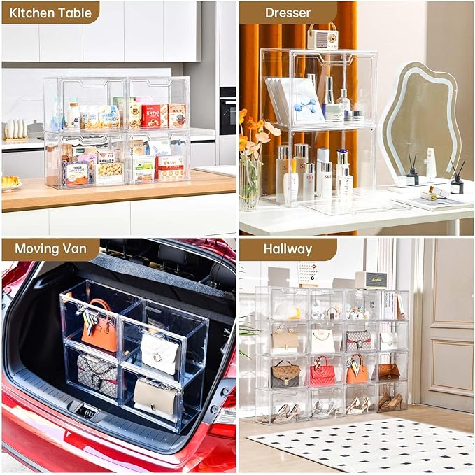 3 Pack Clear Storage Bins with Lids, Storage Containers with Magnetic Door, Stackable Acrylic Display Case for Handbags, Cosmetic, Multifunctional Storage Boxes for Dorm, Living Room, Bedroom Storage