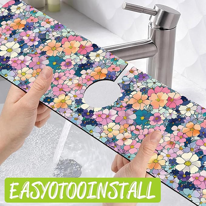 Sink Faucet Absorbing Mat Cute Flowers Sink Splash Guard Drying Mat for Kitchen Bathroom Faucet Sinkmat 23.5"X5.5"