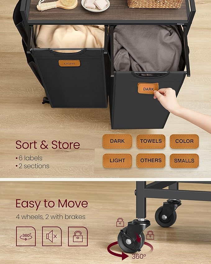 VASAGLE Laundry Hamper, Laundry Sorter Rolling Cart with Shelves, Small Side Pockets, 6 Labels, 2 Compartments, 26.4 Gal. (100 L), Ink Black and Ash Brown UBLH222BH01