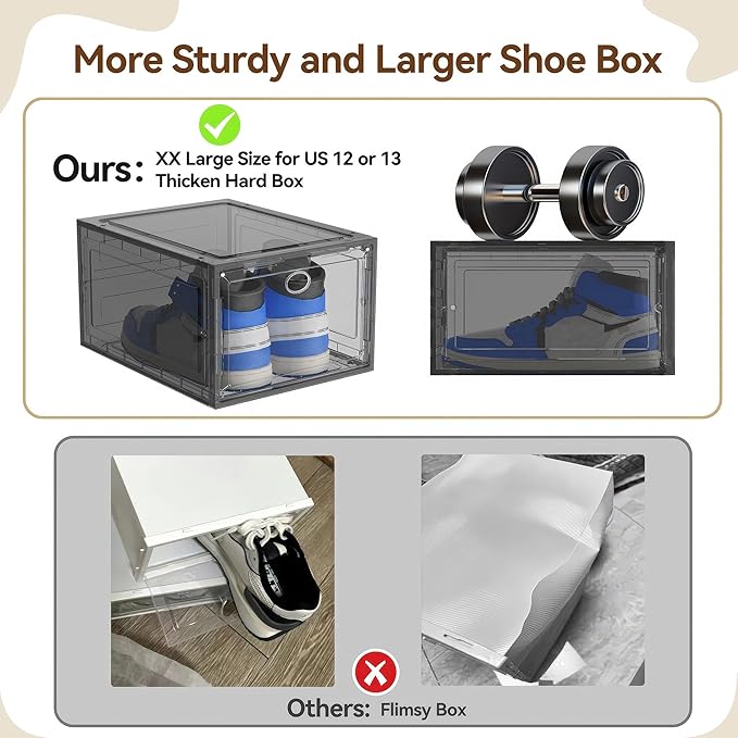 Katoora XX Large Clear Shoe Storage Box Organizer for Closet, 9 Pack Thicken Hard Plastic Stackable Shoe Sneaker Rack Display Case Container Bins Organizer, Easy Assembly, Grey