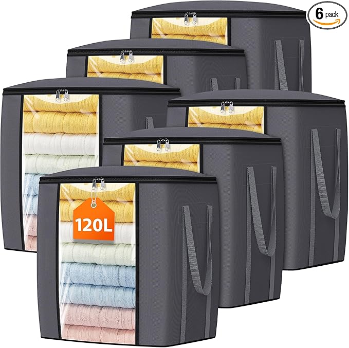 120L Extra Large Clothes Storage Bags, Foldable Blanket Storage and Organization, Thick Fabric Containers with Reinforced Handles & Zippers for Clothing, Comforters, Bedding, Gray, 6 Pack