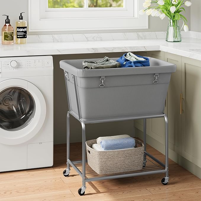 ELYKEN Laundry Cart with Wheels, Rolling Laundry Hamper with Removable Bag and Shelf, Metal Frame Laundry Basket with 4 Casters and 2 Brakes, Ideal for Bedroom, Bathroom, Laundry Room, Gray