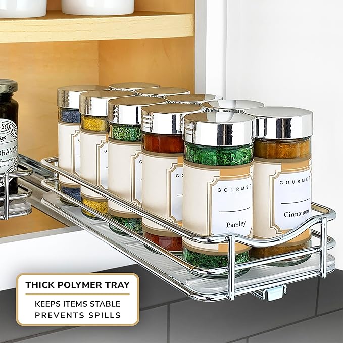 LYNK PROFESSIONAL® Pull Out Spice Rack Organizer for Inside Kitchen Cabinets - 4-3/8 inch Wide - Slide Out Drawer – Chrome Sliding Spice Organization for cabinet - Spice Racks - 1 Tier