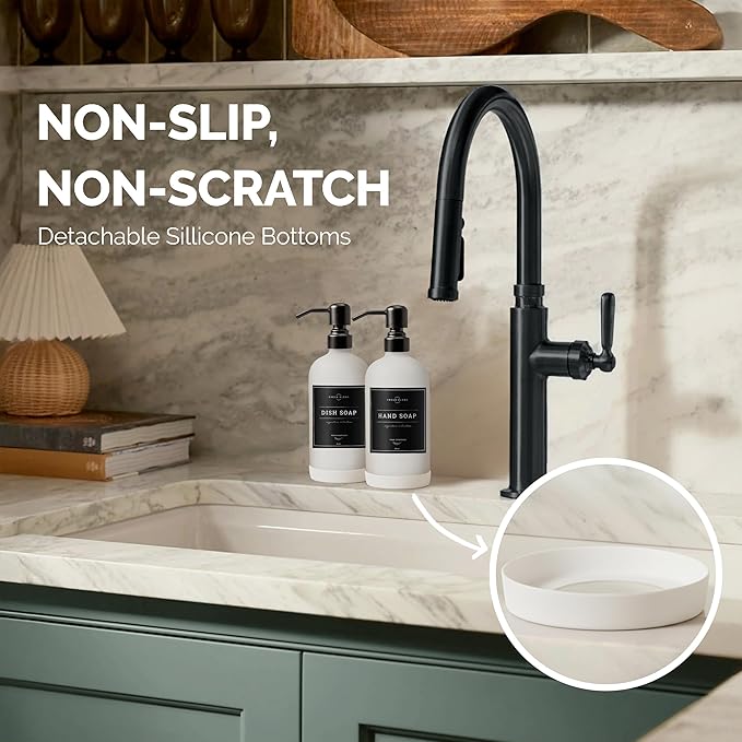 Vine Creations White Glass Soap Dispenser, 2 Pack Kitchen Soap Dispenser Set with Stainless Steel Pump, 16 oz Dish Soap and Hand Soap Dispensers for Bathroom with Waterproof Labels
