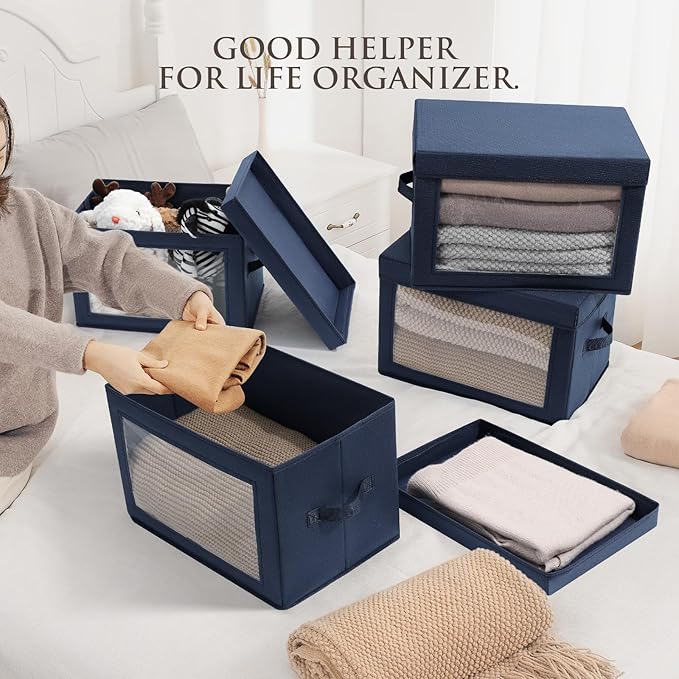 Minimalist 6 Pack Large Fabric Storage Bins with Lids, Navy Blue, 14 Inch. - 6 Count, Ideal for Clothes, Books, CD, Bedroom, Living Room