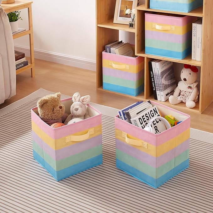 11 Inch Fabric Collapsible Storage Cubes,6 Pack Rainbow Colored Closet Storage Bins with 2 Handles Foldable Cube Baskets for Organizing Clothes, Toys, Books