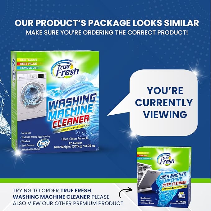 True Fresh Washing Machine Cleaner Tablets 25 Pack for Front Load, Top Loader & HE Washers, Eliminates Odor, Limescale & Grime, Deep Cleans Inside Drum Pump, Valve & Hoses – Septic Safe, 1-Year Supply