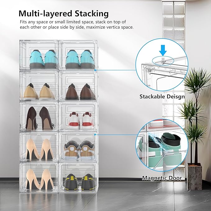 MCIJRJOI 12 Pack Hard Sturdy Thickened Rigid XX Large Shoe Storage Organizer for Closet, Clear Stackable Sneaker Shoe Boxes Rack Containers Display Case Bins with Lids, White