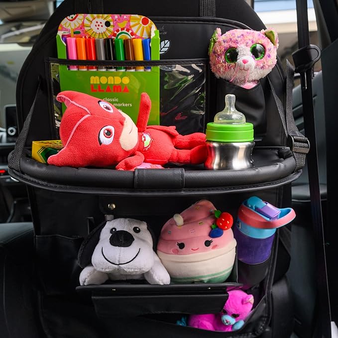 Car Backseat Organizer with Built-in Foldable Tray | Double Layered Leather, Waterproof Car Seat Organizer with - Pockets | Easy Installation, Perfect for Family Trips and Daily Use