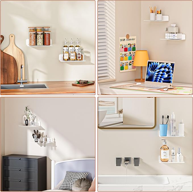 Wisfame Small Floating Shelves, 9" Adhesive Wall Shelf with Cable Hole, No Drilling, Metal Display Ledges for Living Room, Bedroom, Bathroom (White, 2 Pack)