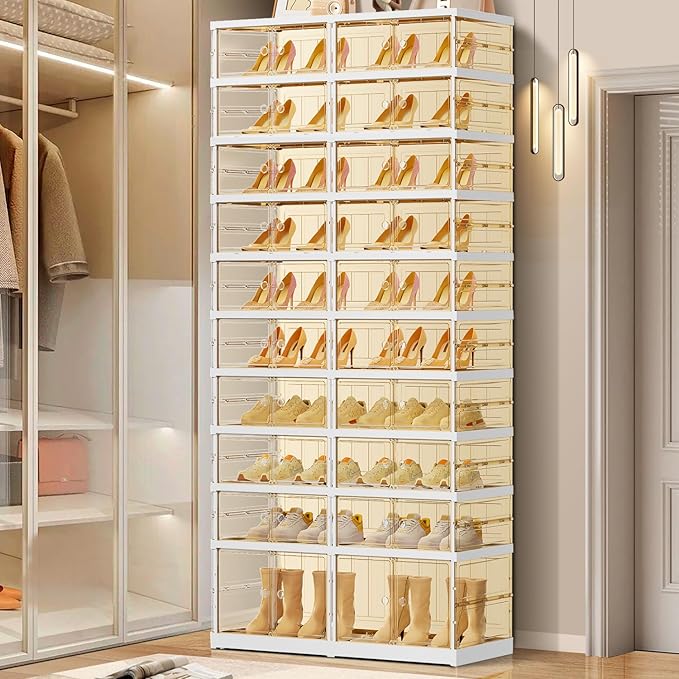 EHAMILY 10 Tiers 20-40 Pairs Foldable Shoe Boxes Large Plastic Shoe Storage Rack Collapsible Shoe Organizer For Closet Tall Shoe Shelf Clear Stackable Shoes Cabinet with Doors Entryway