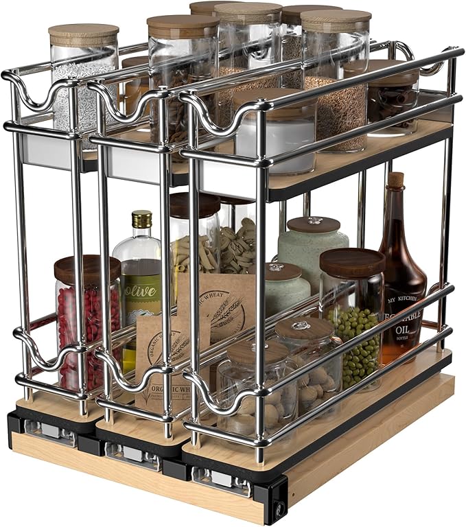 Rev-A-Shelf 9" Pullout Organizer for Cabinets, 2 Tier Triple Narrow Upright Shelf, 5WU2-9N3-1