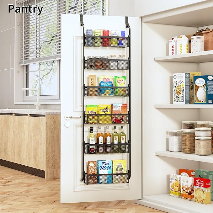 Over the Door Pantry Organizer, 6-Tier Pantry Door Organization and Storage, Over the Door Spice Rack, Home & Kitchen Storage Shelves for Cabinet, Black