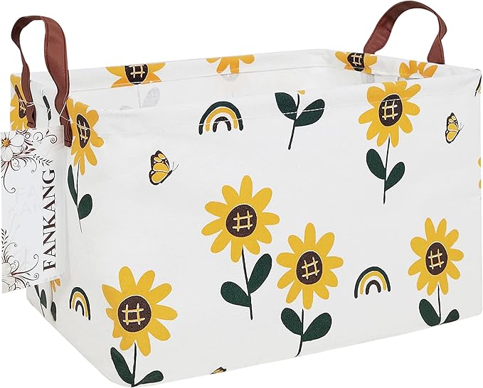 FANKANG Storage Bins, Nursery Hamper Canvas Laundry Basket Foldable with Waterproof PE Coating Large Storage Baskets for Kids Boys and Girls, Office, Bedroom, Clothes,Toys(Rec-Sunflower）