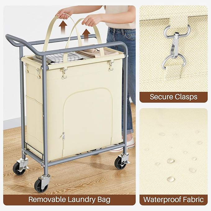 Laundry Basket with Wheels,114L Large Rolling Laundry Hamper, Heavy-Duty Laundry Cart Sturdy Metal Frame with Handle, Minimizes Bending Easy Access Clothing for Bedroom, Bathroom, Laundry Room (Beige)